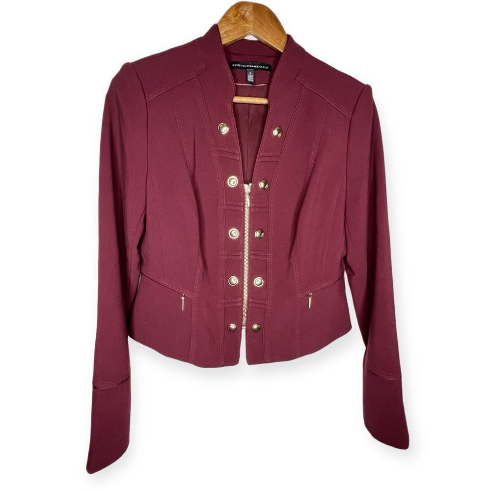 White House Black Market Military Style Jacket Cropped Metallic Gold Zipper Sz 6